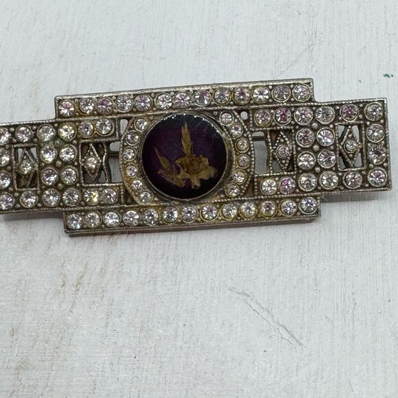 Antique Art Deco Rhinestone Brooch Pin Shadow Box Dried Flower Trombone Clasp - Picture 8 of 12